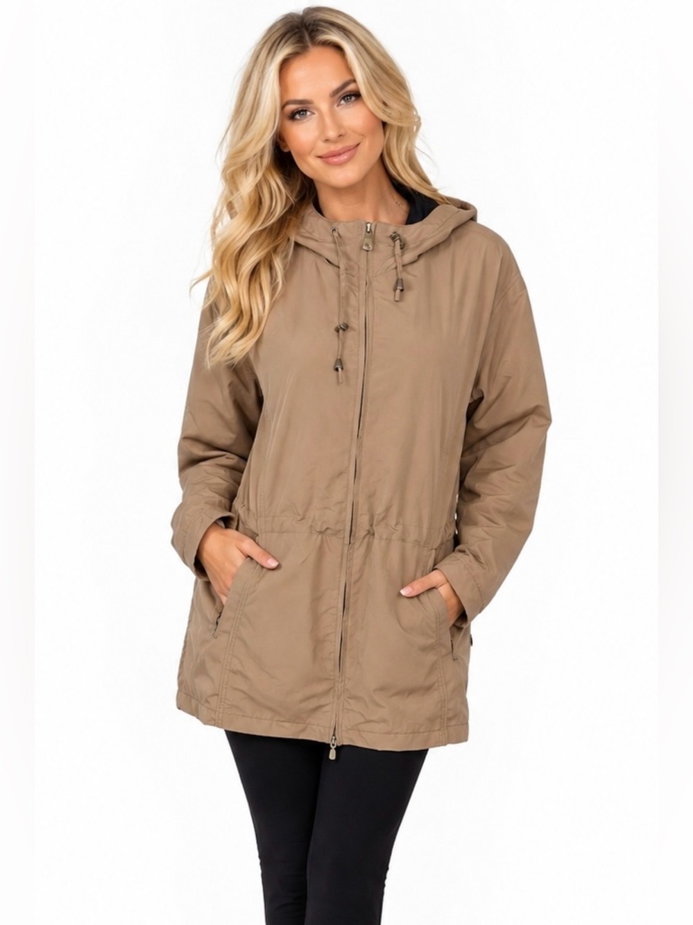 Kim Rogers Hooded Utility Anorak Jacket Tan Zip Front Drawstring Size Large